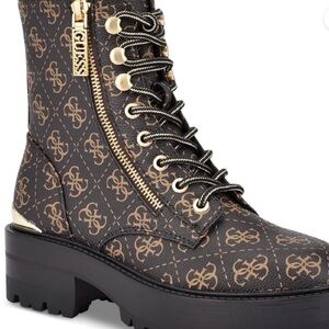 GUESS Logo Pattern Black and Brown Combat Boots